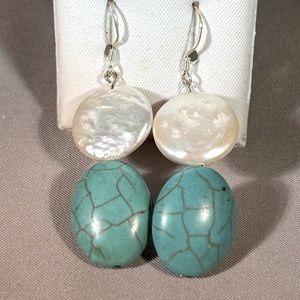 Freshwater, Cultured Coin Pearls w/Turquoise Dangle 1.5” long. Handmade. NWOT.